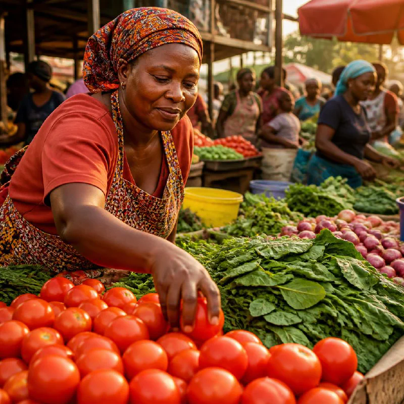 A Kenyan market trader selecting fresh produce