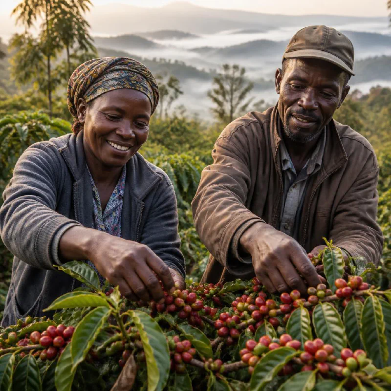Two Kenyan coffee farmers harvesting ripe coffee cherries together