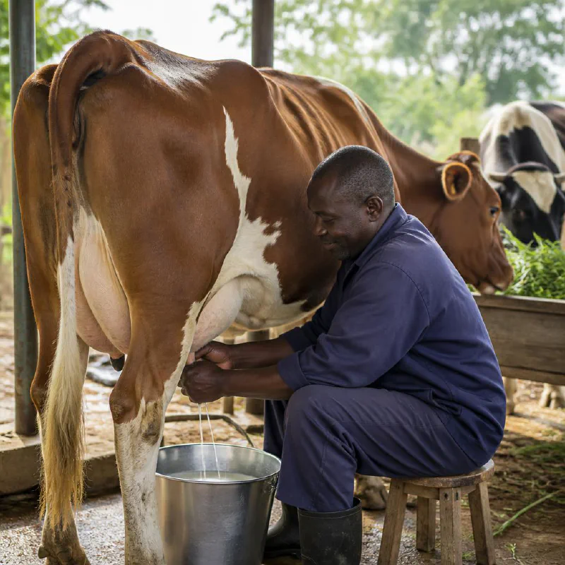 A Kenyan dairy farmer hand-milking a cow on his farm
