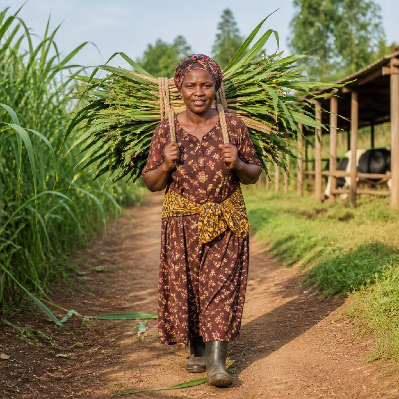 A Kenyan farmer carrying freshly cut Napier grass for livestock