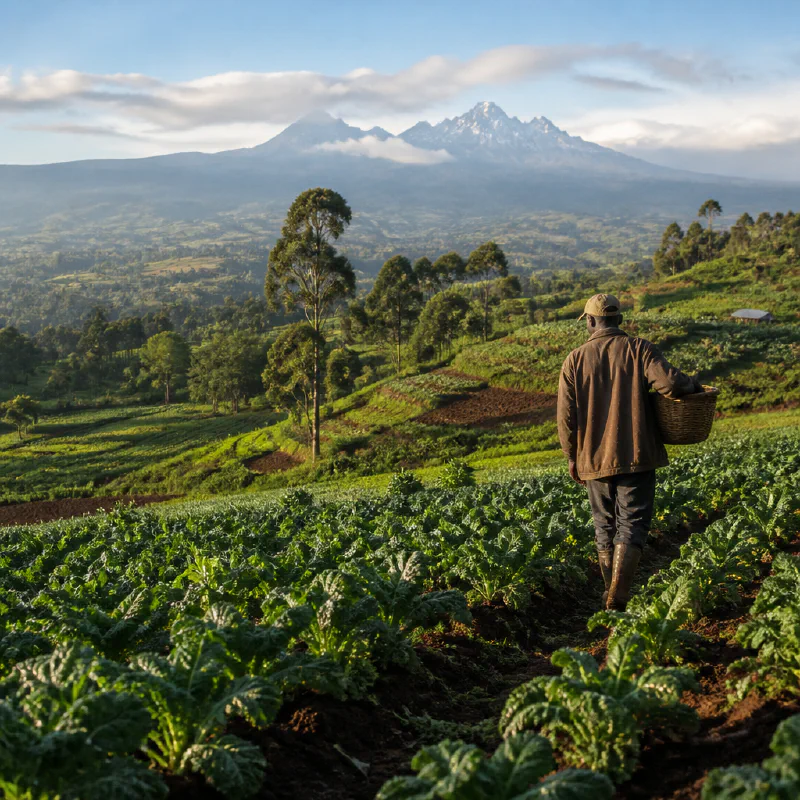 Kenyan farming land with green fields and hills