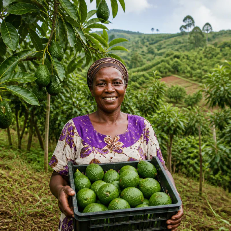A Kenyan avocado farmer holding her harvest