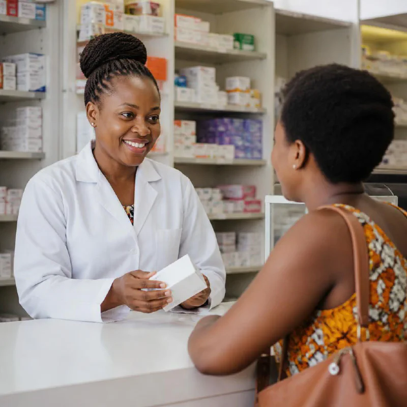A Kenyan chemist serving a customer in a neighbourhood pharmacy