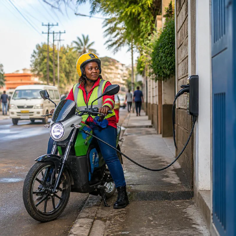 A Kenyan electric motorcycle rider charging her bike