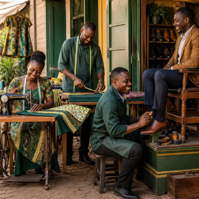 Kenyan tailors and a shoe shiner working in a neighbourhood workshop
