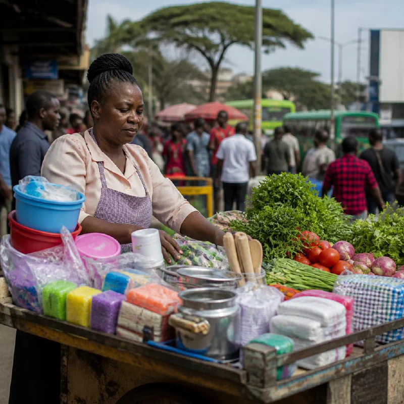A Kenyan woman selling fresh produce at a market stall