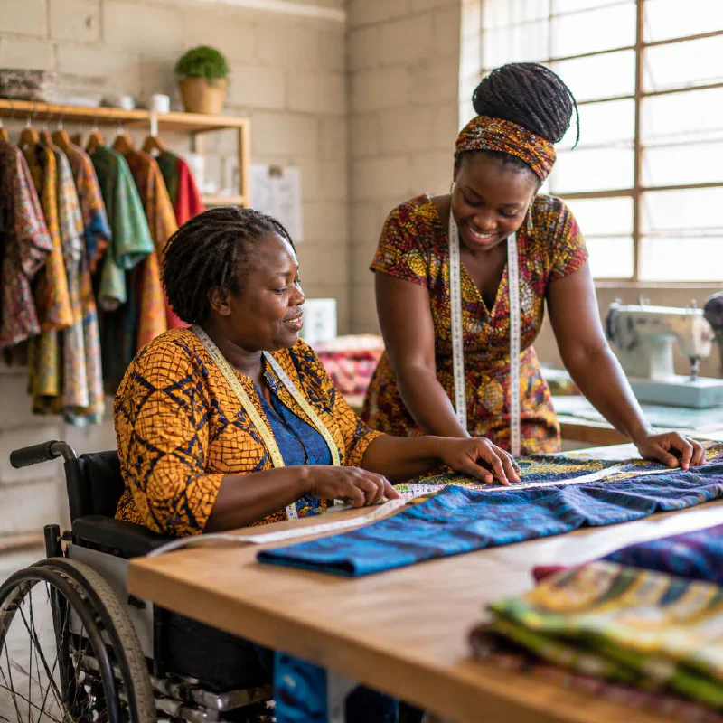 Kenyan women running a tailoring business, including a wheelchair-using entrepreneur