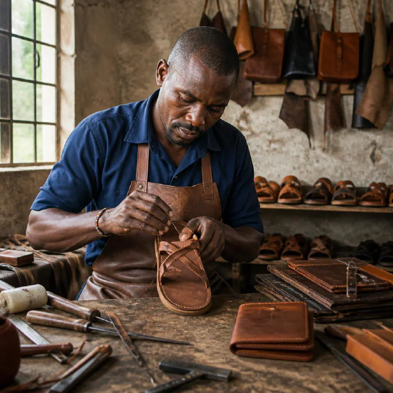 A Kenyan leather artisan crafting a sandal by hand
