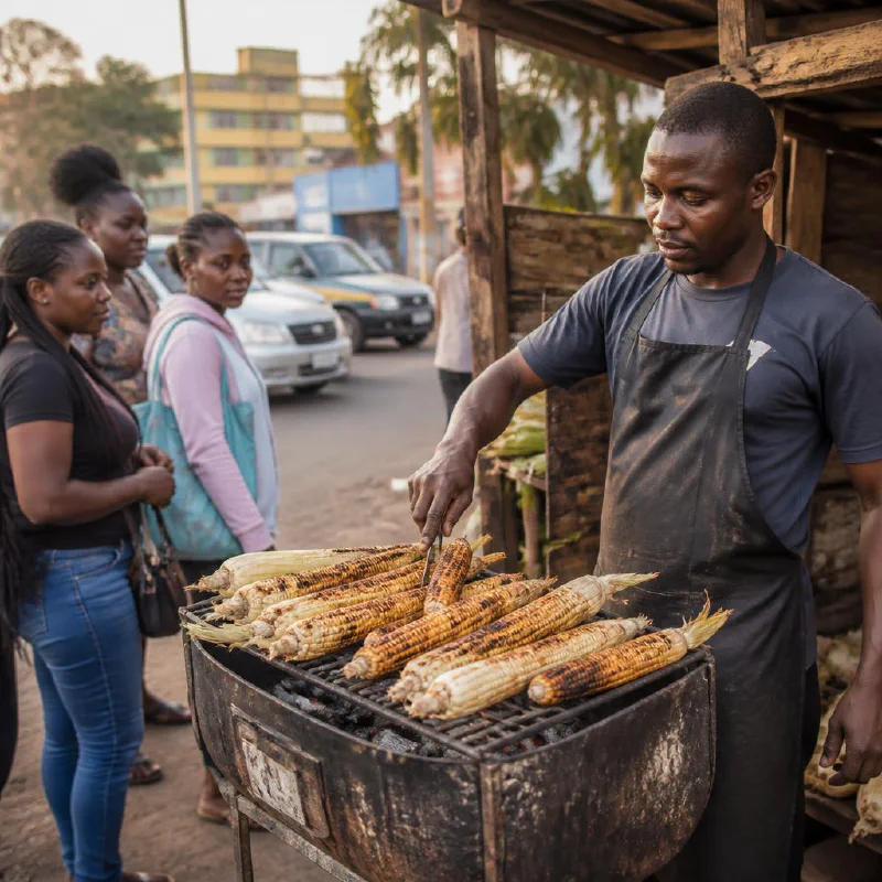 A Kenyan entrepreneur roasting maize for customers