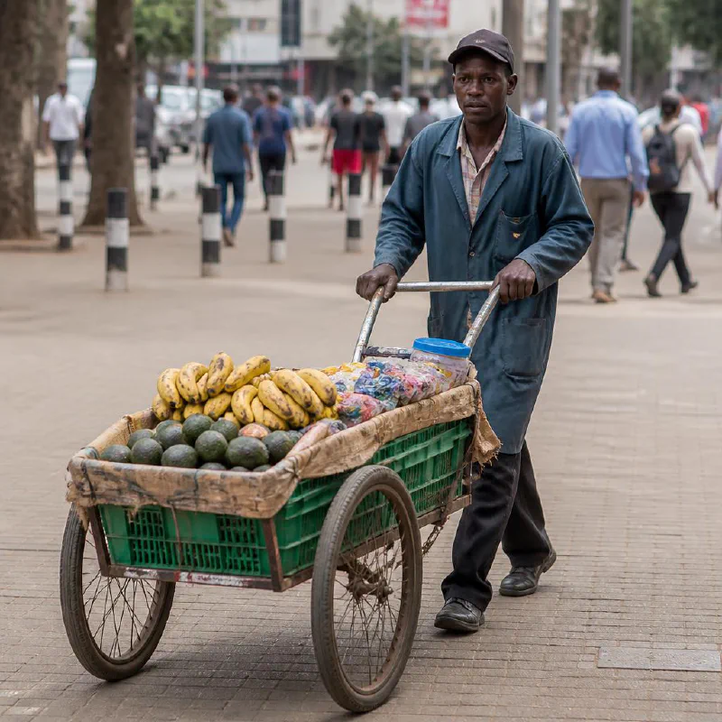 A Kenyan street hawker pushing a cart of goods