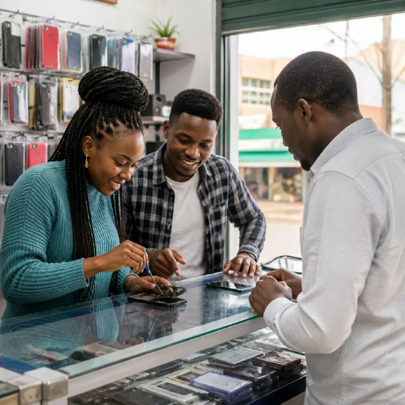 Young Kenyan entrepreneurs serving a customer at a phone repair shop